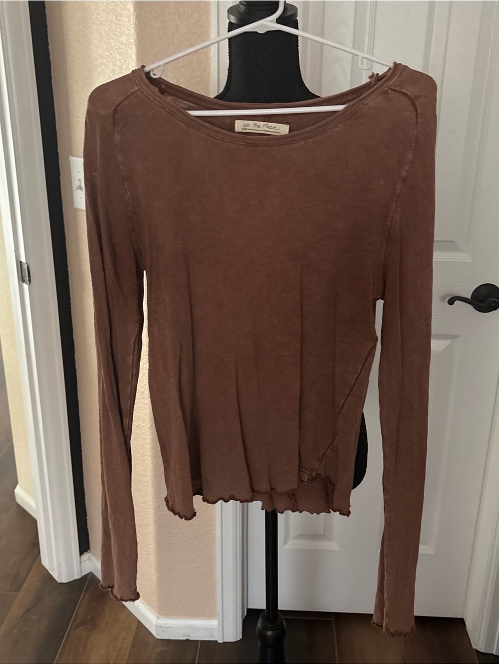 We The Free Chocolate Brown Long Sleeve Raw-Edge Top